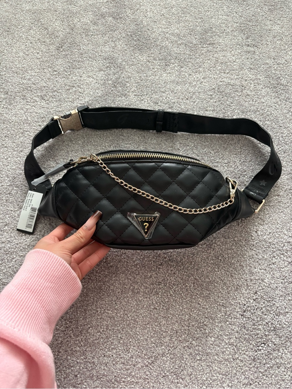 GUESS Quilted Black Chain Detail Belt Bag